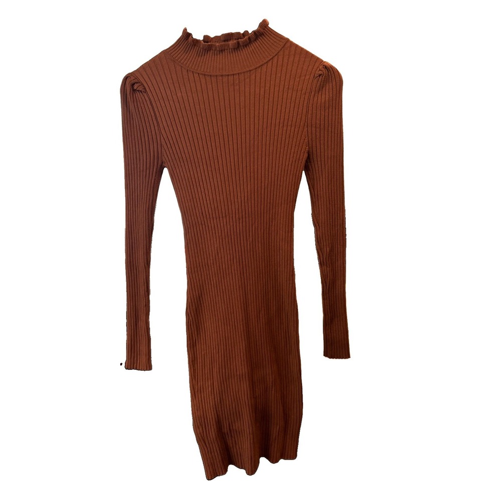 Hooked up by Iot Juniors' Rib-Knit Mock Neck Mini Sweater Dress Teddy Brown Sz-M